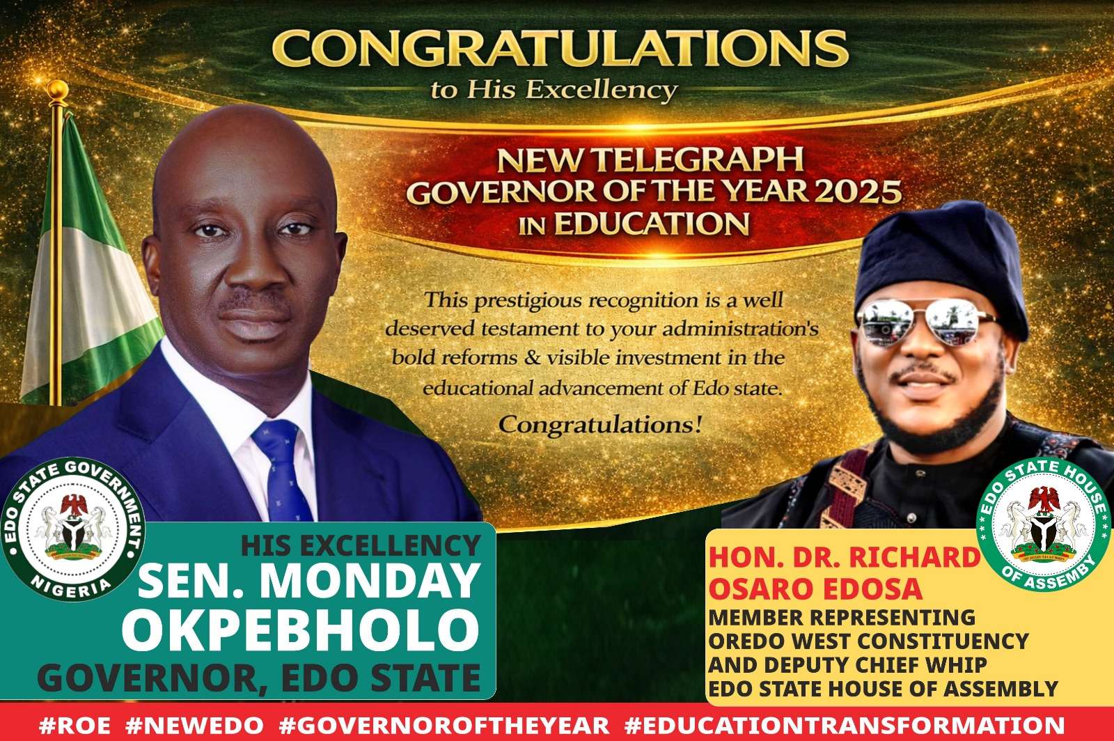 Edo Assembly Dep Chief Whip, Hon Edosa Hails Gov Okpebholo’s ‘Education Breakthrough’ as Governor Bags New Telegraph Award