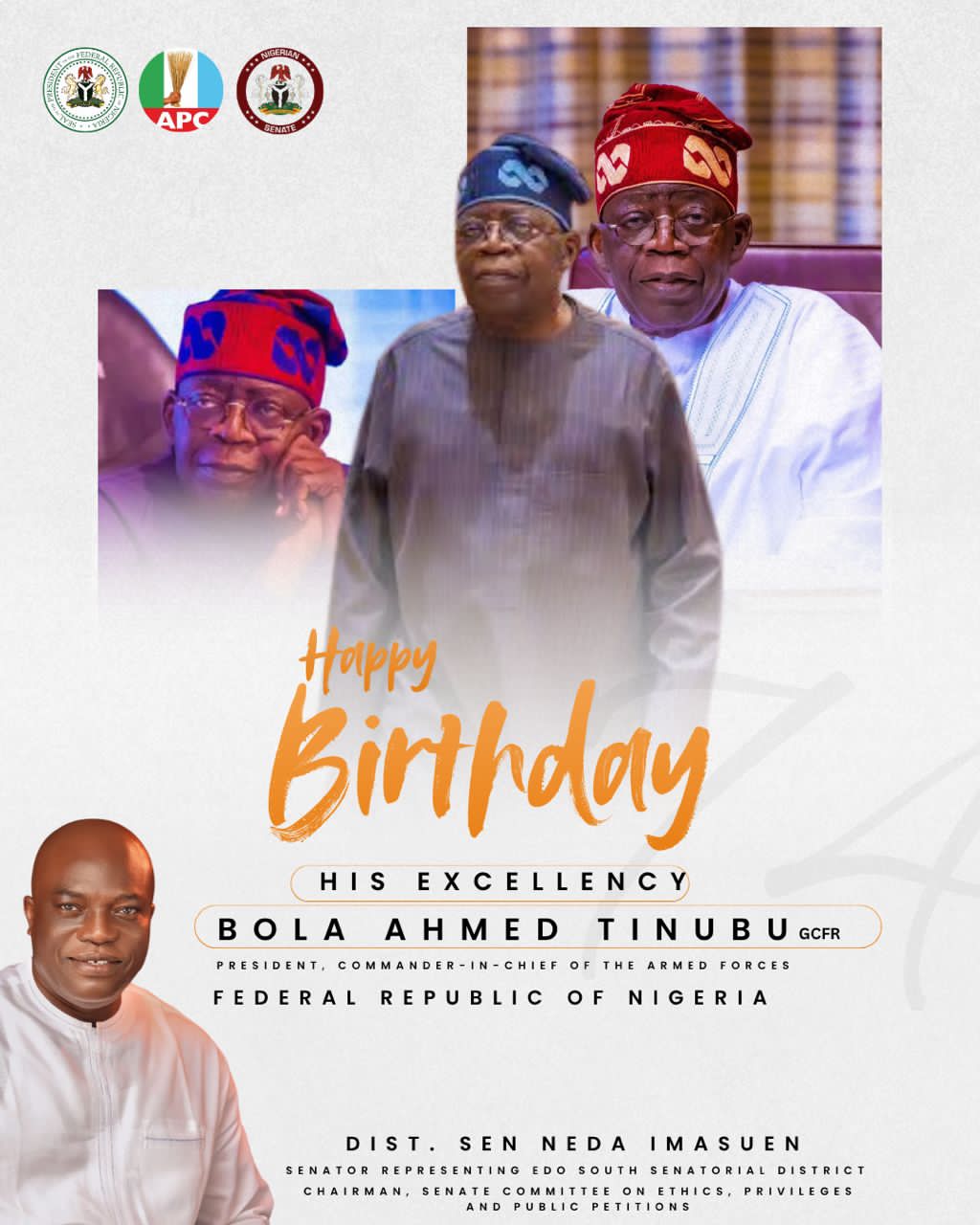 Senator Imasuen Salutes Tinubu at 74, Backs Renewed Hope Vision