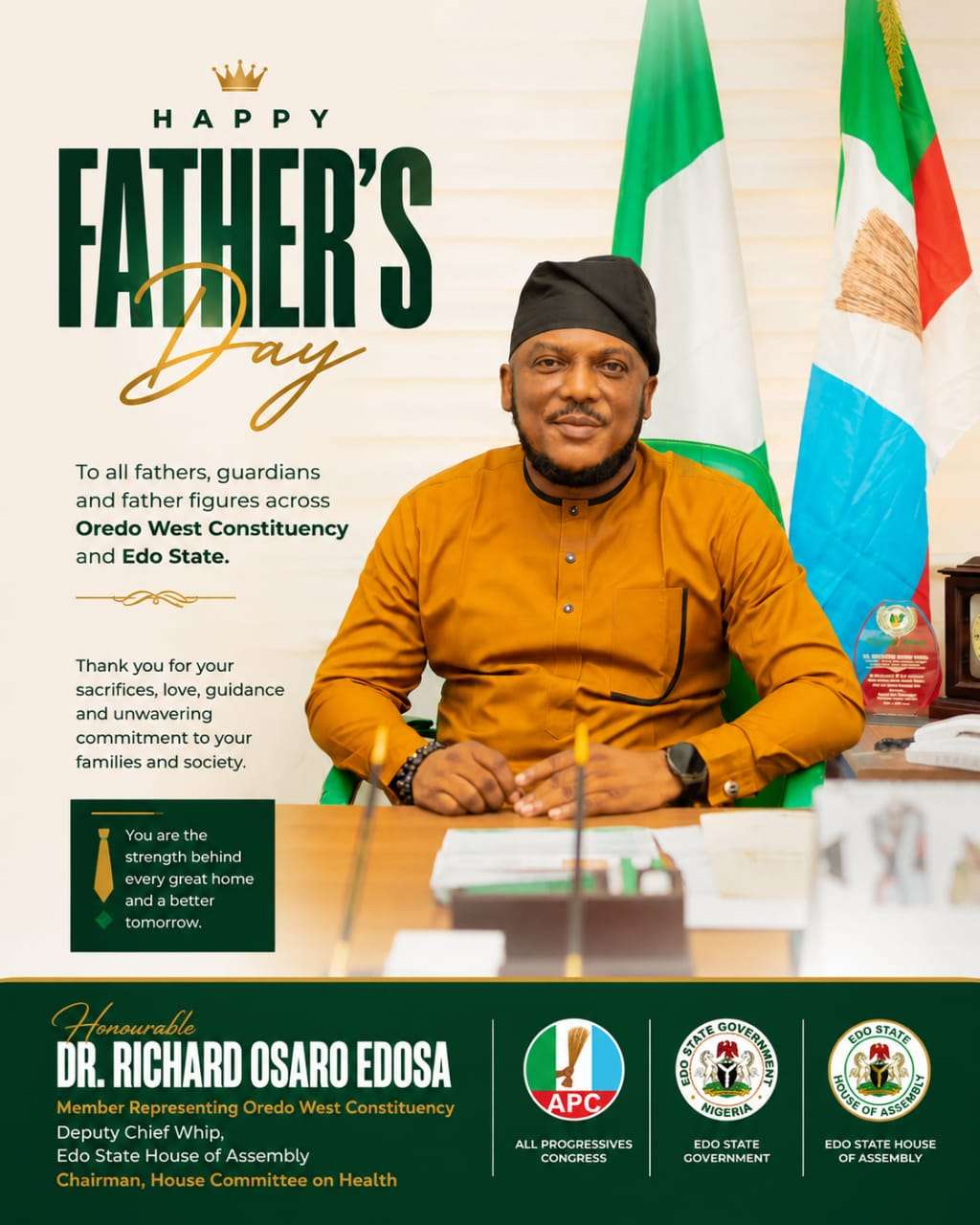 Edo Lawmaker, Dr. Edosa Pays Tribute to Fathers, Urges Continued Commitment to Family Values